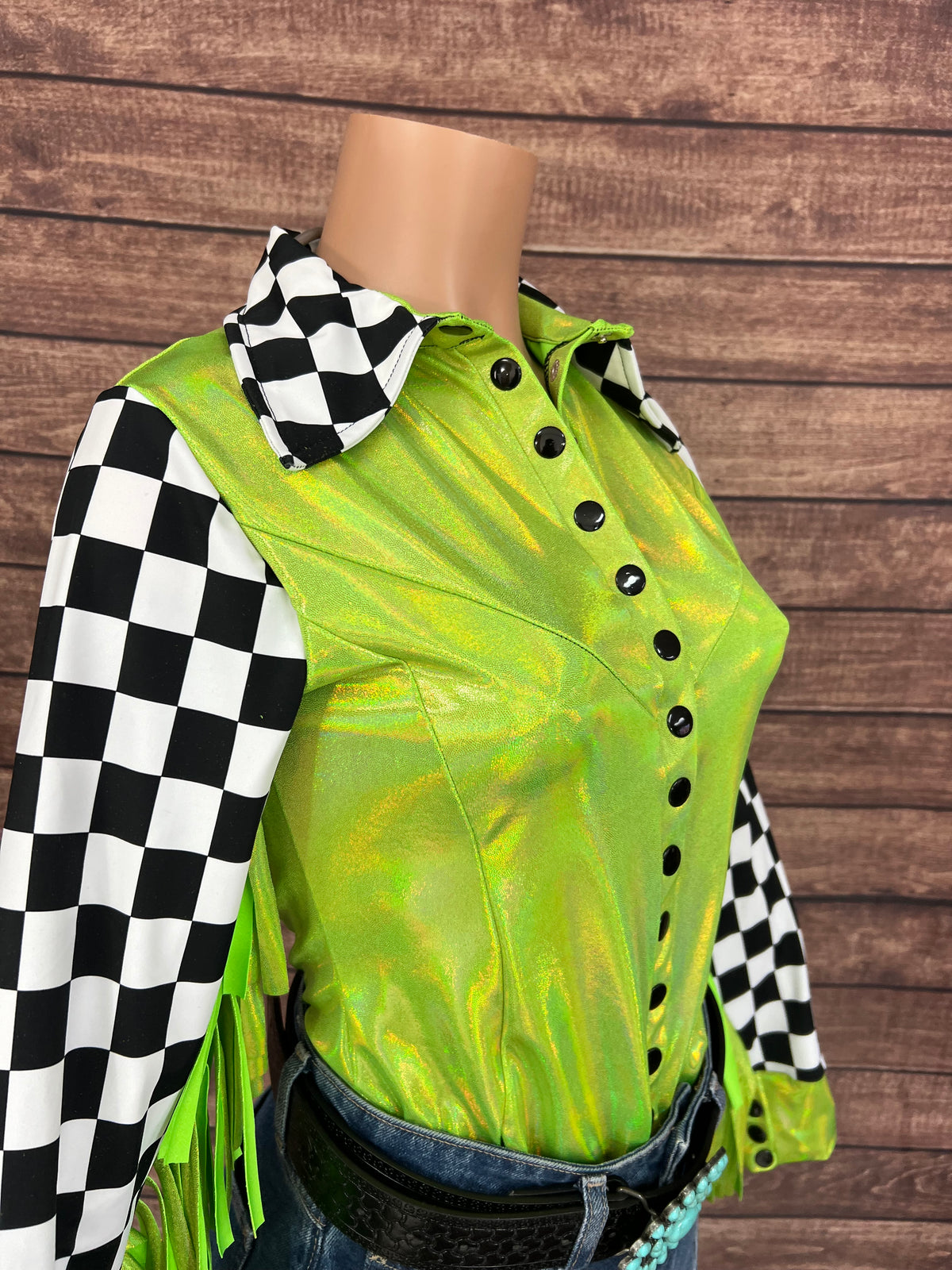Neon Lime Checks Snap Front Rodeo Shirt with 6" Thunderbird Fringe