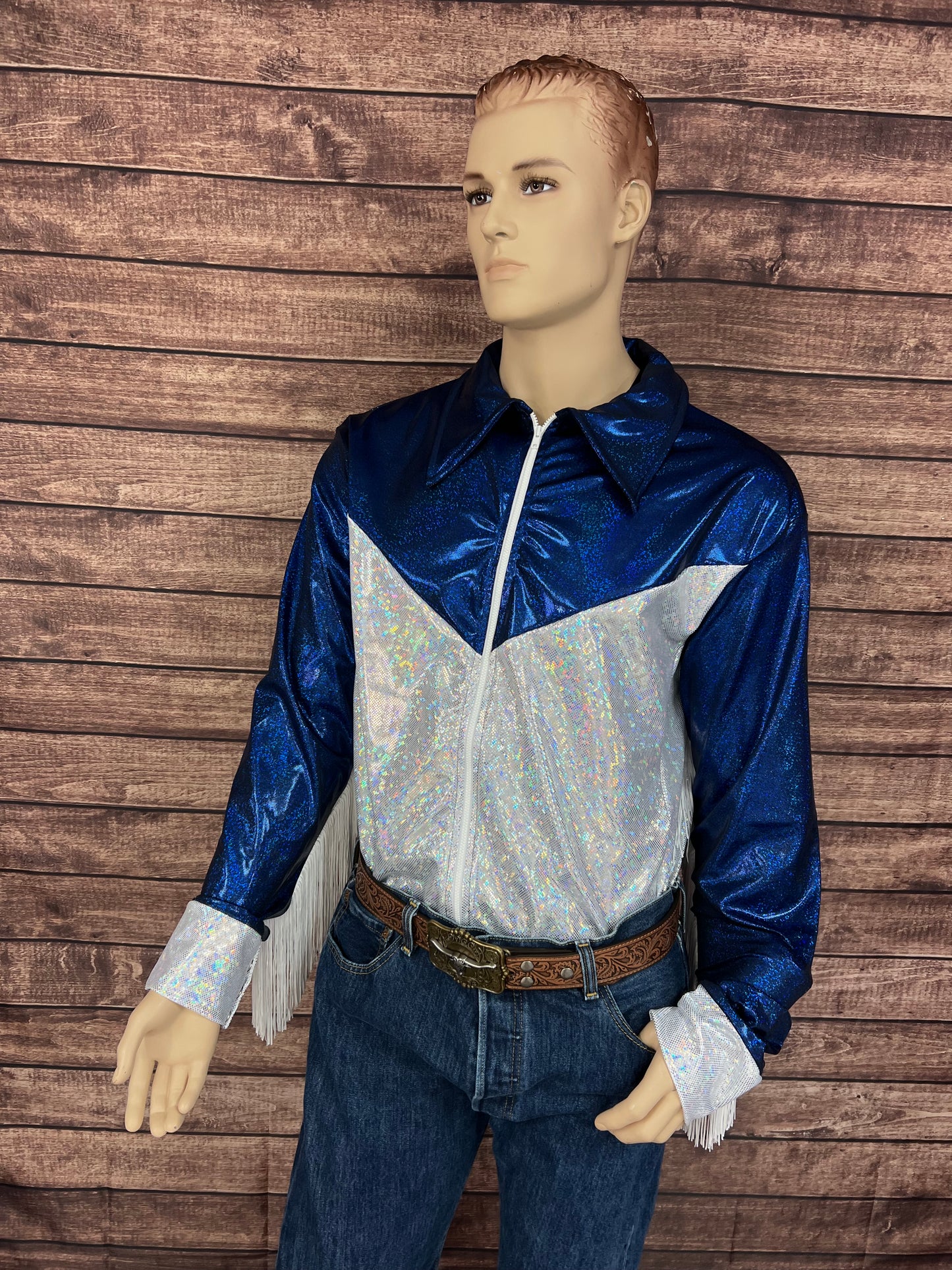 Mens Blue and White Zipper Front Rodeo Shirt with Fringe