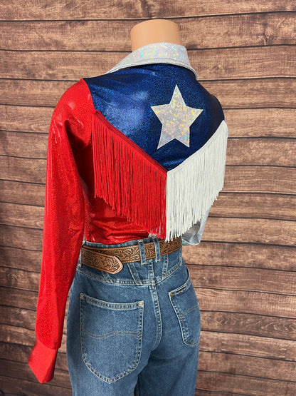 The Texan Zipper Front Rodeo Shirt with Star Applique and Back Yoke Fringe