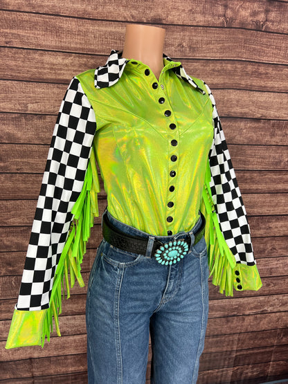 Neon Lime Checks Snap Front Rodeo Shirt with 6" Thunderbird Fringe