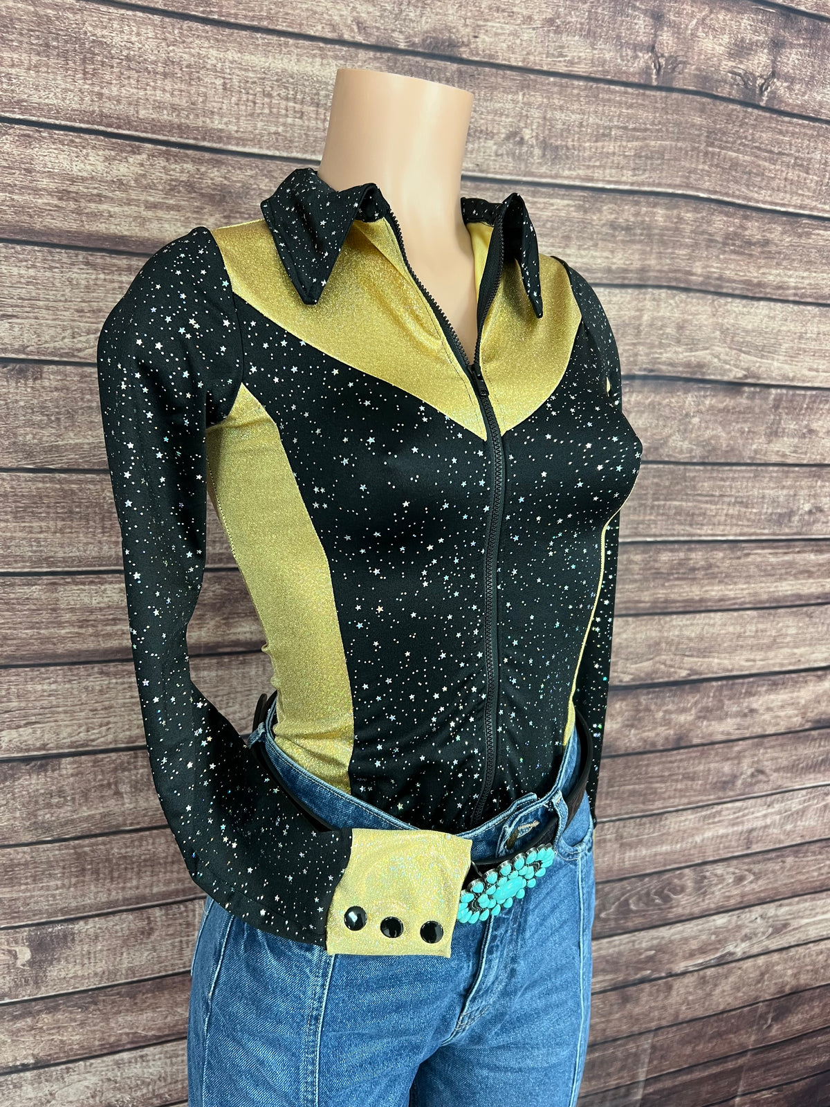 Gold and Black Rodeo Shirt with Zipper Front