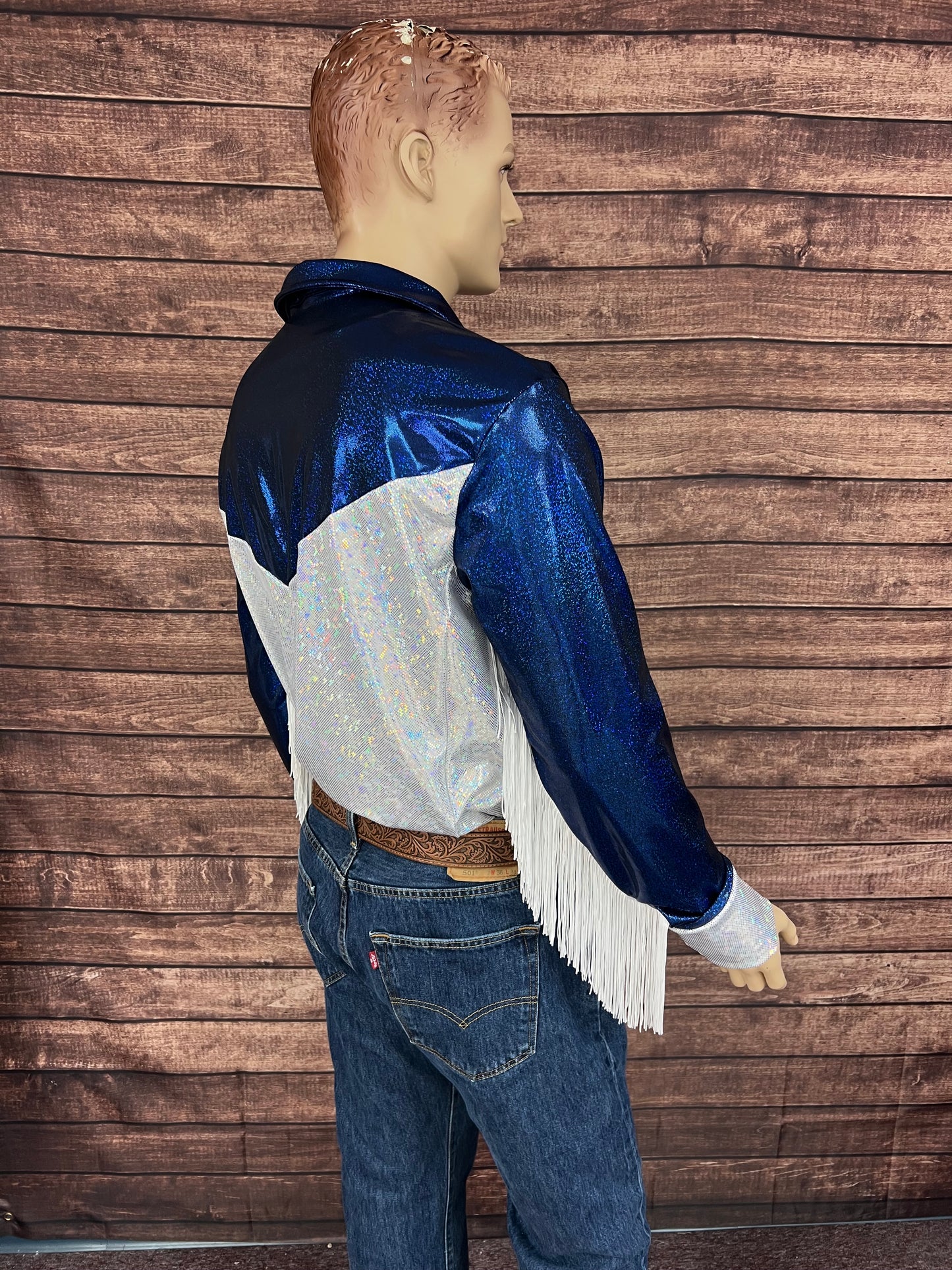 Mens Blue and White Zipper Front Rodeo Shirt with Fringe
