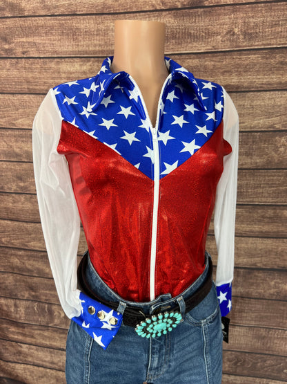 Independence Mesh Sleeve, Zipper Front Rodeo Shirt with Yoke Fringe