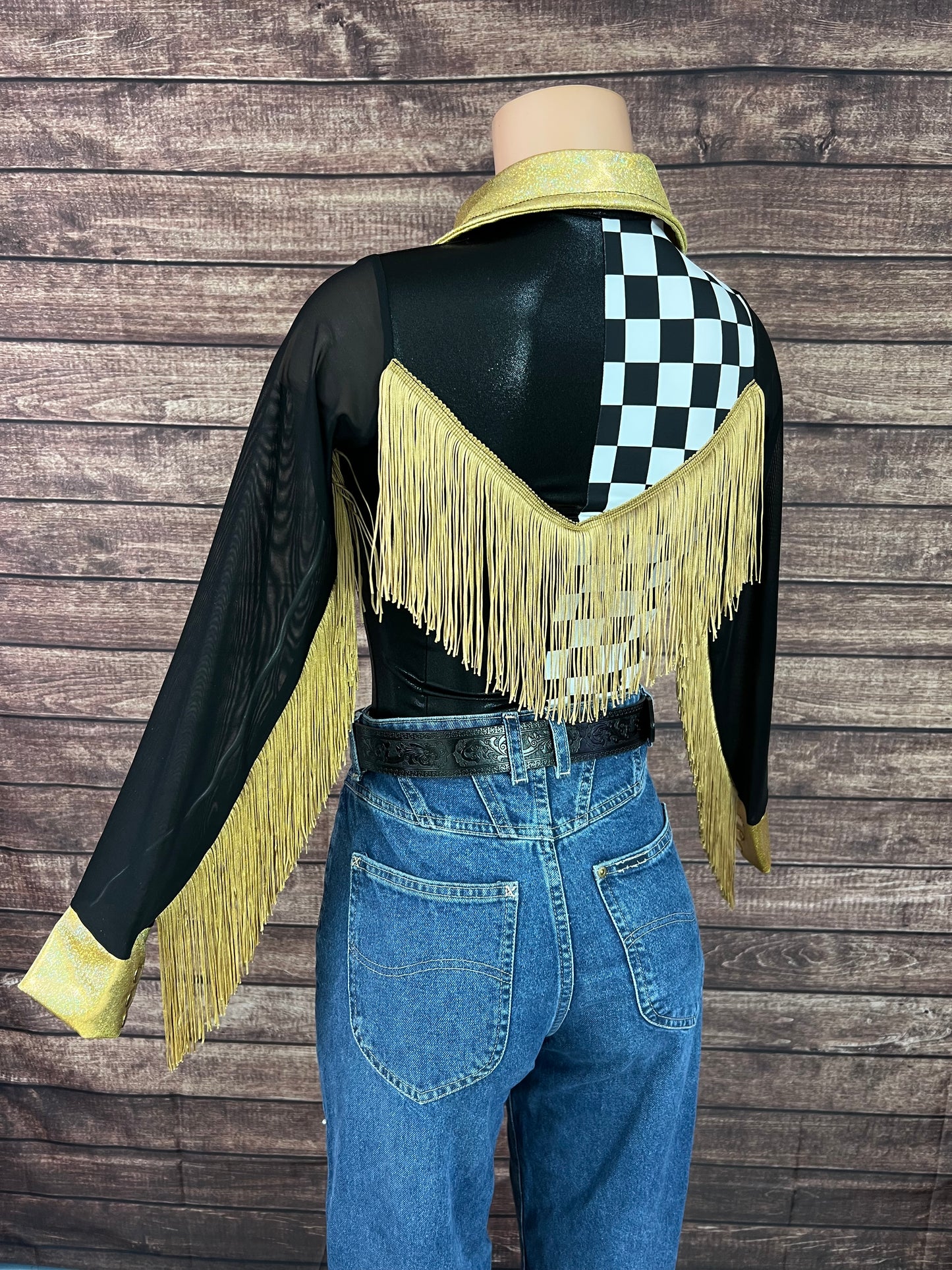 Double Take Zipper Front Rodeo Shirt with Back Yoke Fringe and Mesh Sleeves