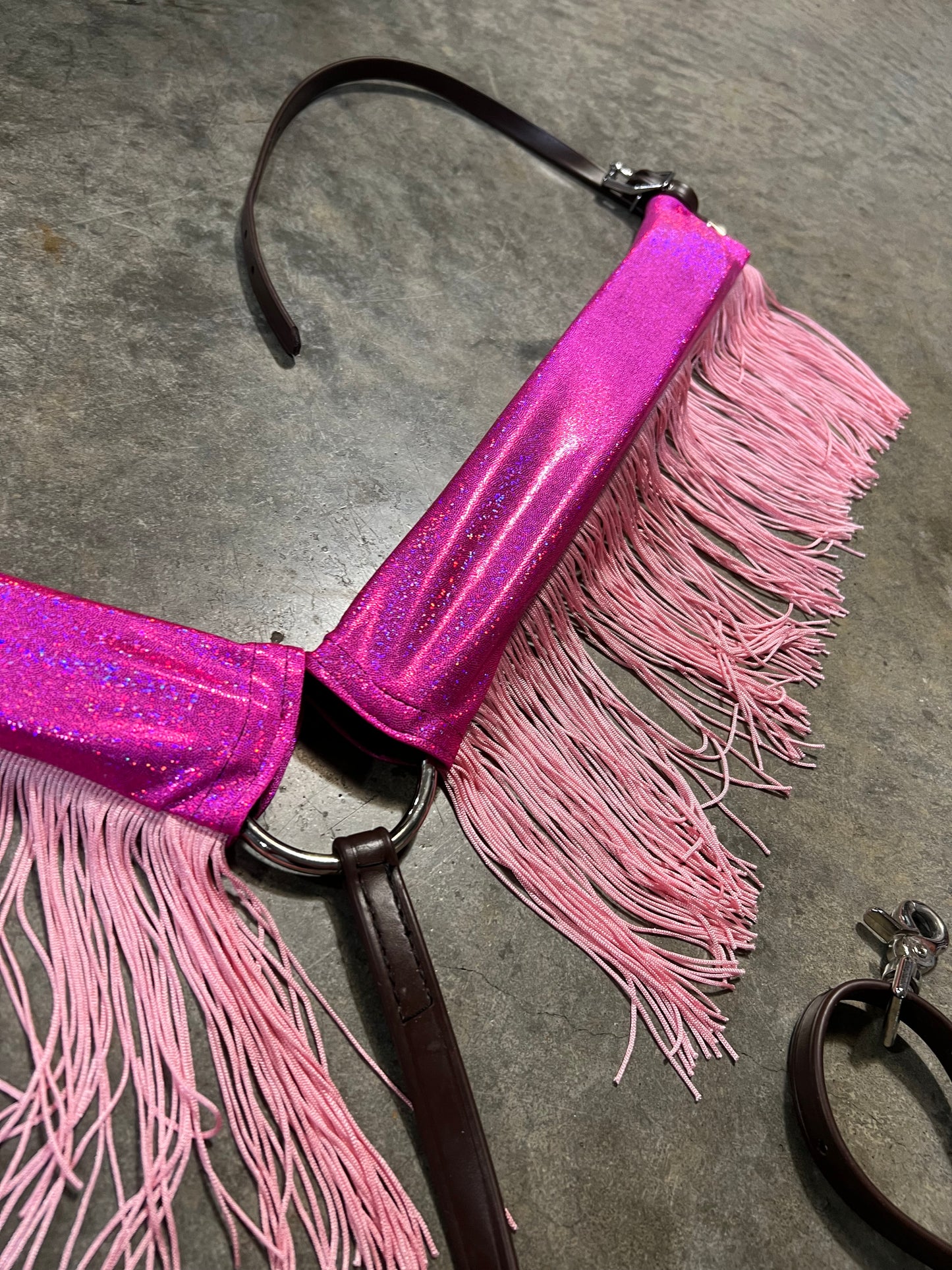 Neon Pink Sparkly Jewel Holographic Breast Collar Cover with Baby Pink Chainette Fringe (Covers ONLY)