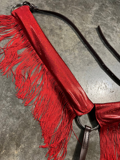 Red Sparkly Jewel Holographic Breast Collar Cover with Red Chainette Fringe (Covers ONLY)