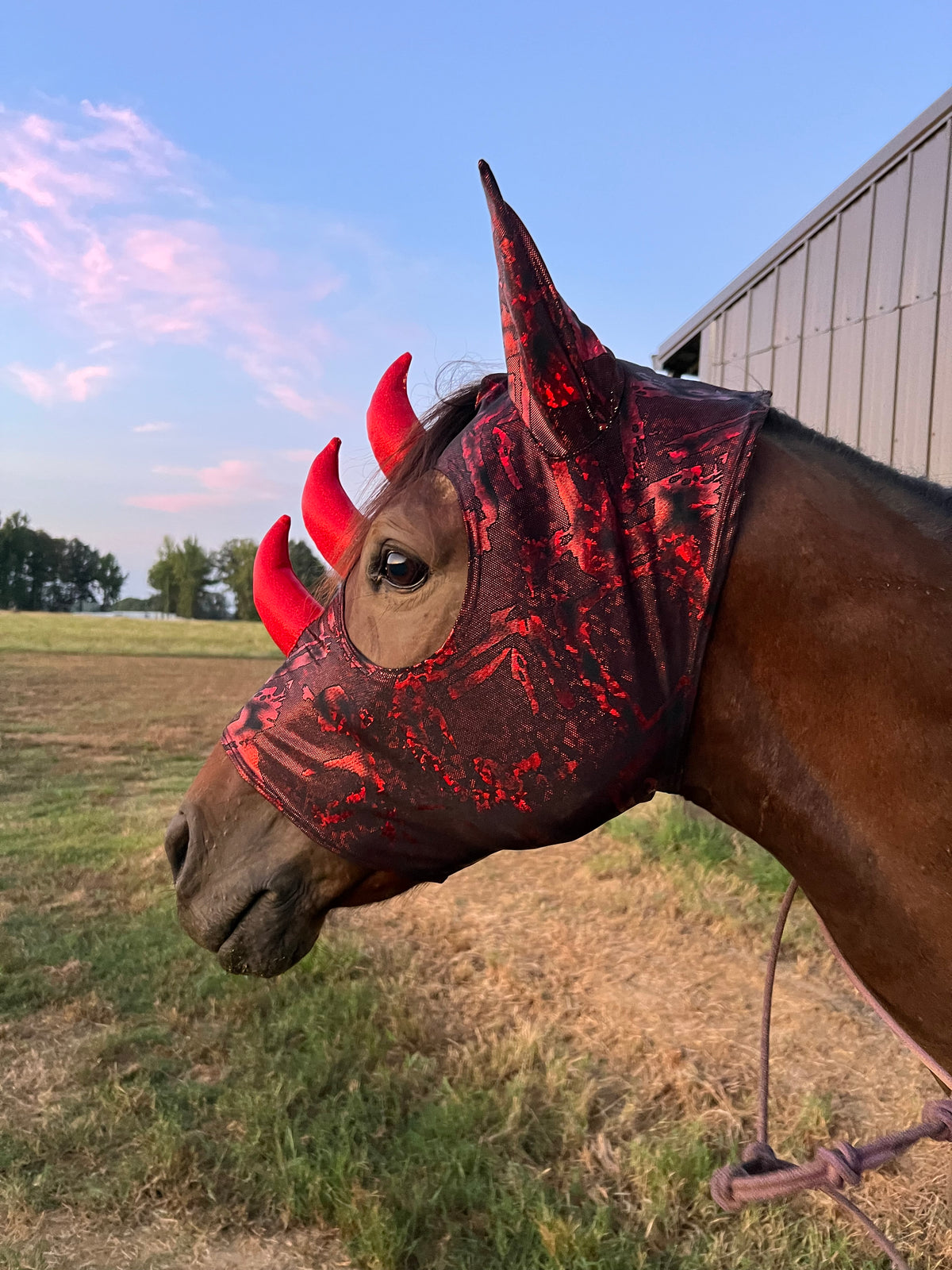 Crimson Red Triple Horn Dragon Costume Mask for Horses