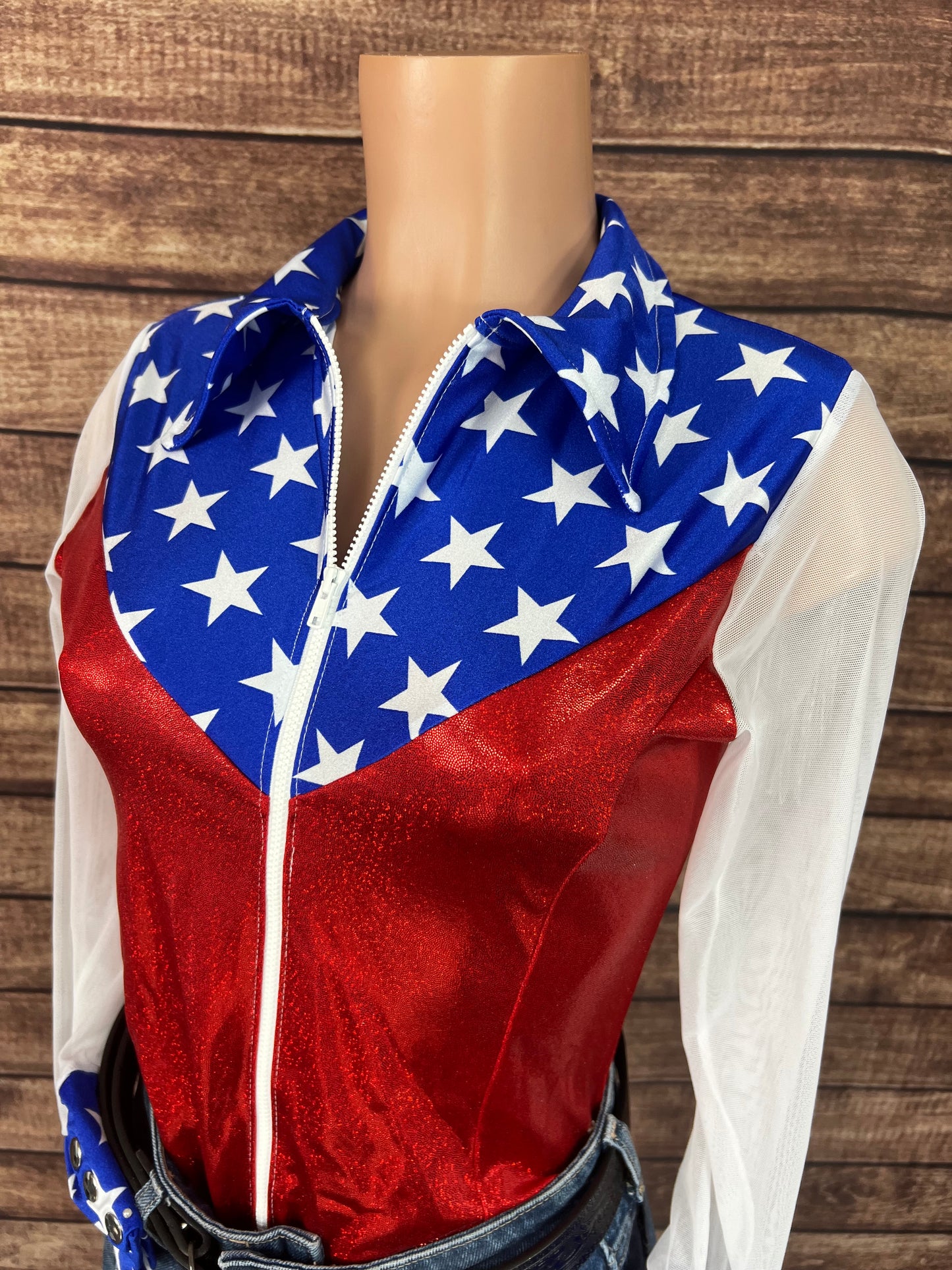 Independence Mesh Sleeve, Zipper Front Rodeo Shirt with Yoke Fringe