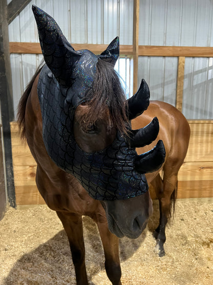 Black Dragon Scale Triple Horn Dragon Costume Mask for Horses