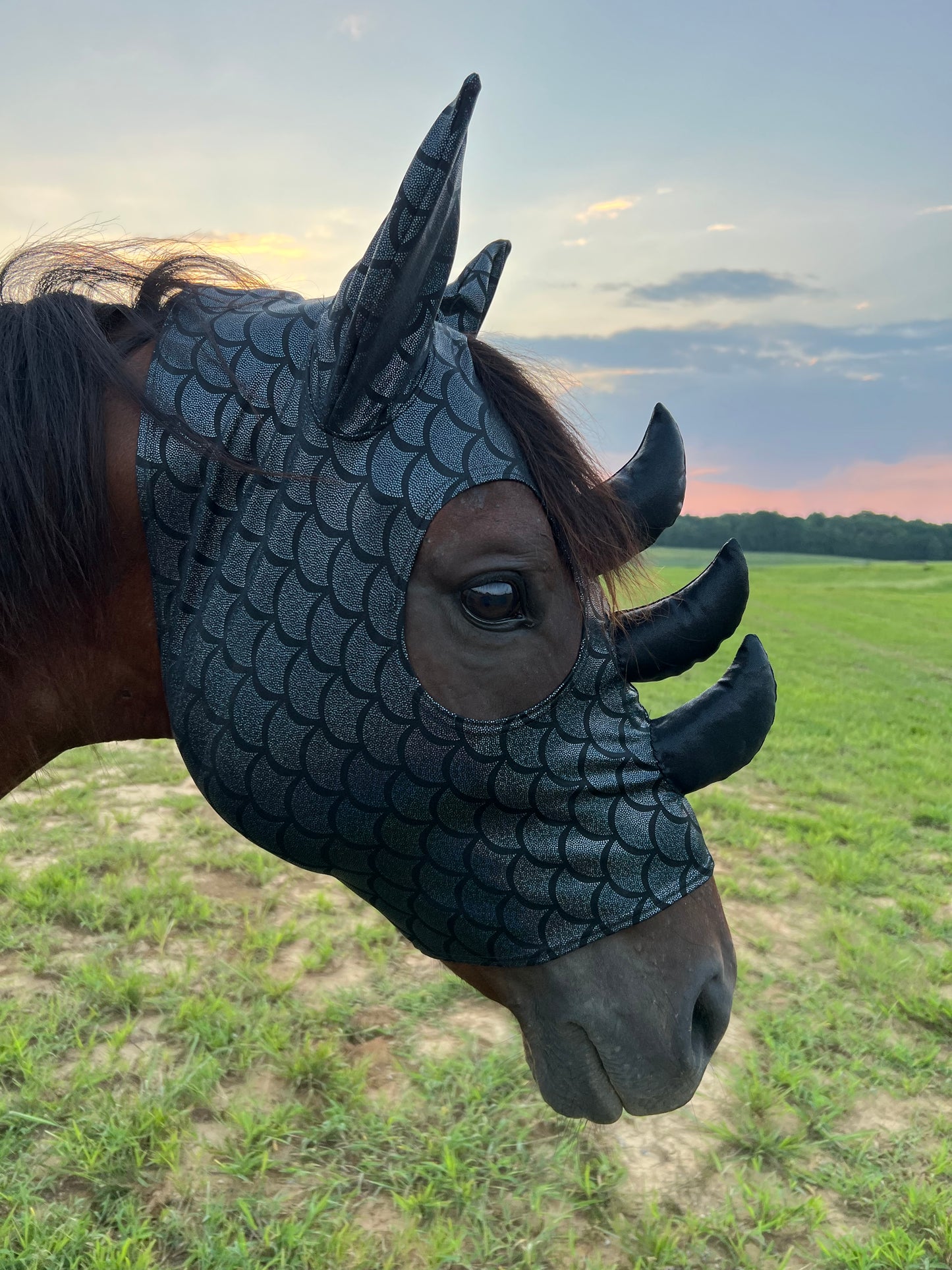 Black Dragon Scale Triple Horn Dragon Costume Mask for Horses