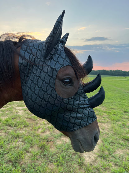 Black Dragon Scale Triple Horn Dragon Costume Mask for Horses