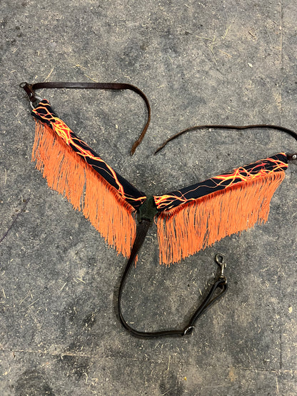 Neon Orange Lightning Breast Collar Cover with Chainette Fringe (Covers ONLY)