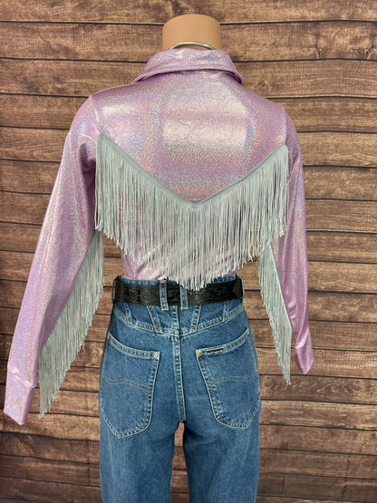 Lilac Sparkle Zipper Front Rodeo Shirt with Silver Fringe on Sleeves AND Yoke