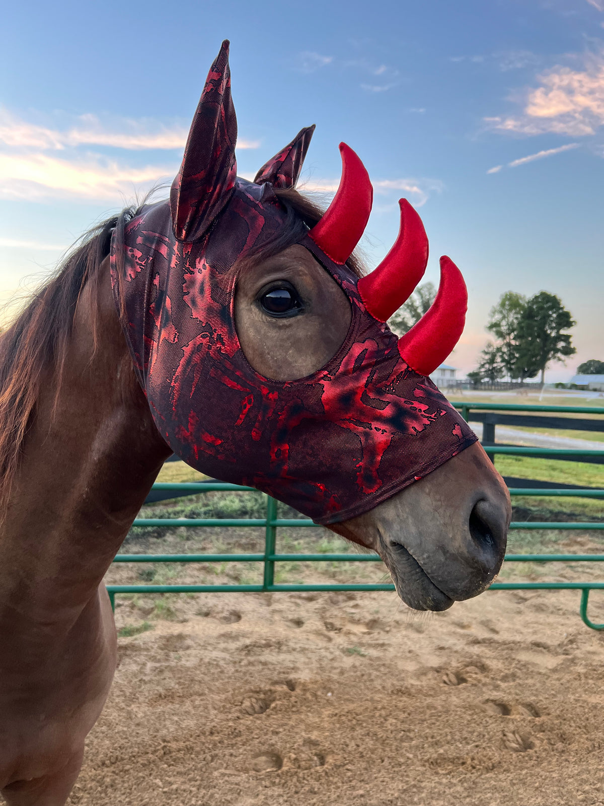 Crimson Red Triple Horn Dragon Costume Mask for Horses