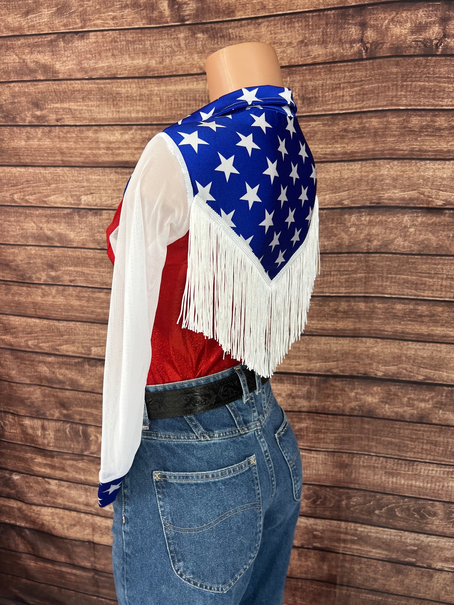 Independence Mesh Sleeve, Zipper Front Rodeo Shirt with Yoke Fringe