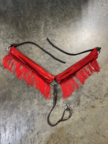 Red Sparkly Jewel Holographic Breast Collar Cover with Red Chainette Fringe (Covers ONLY)