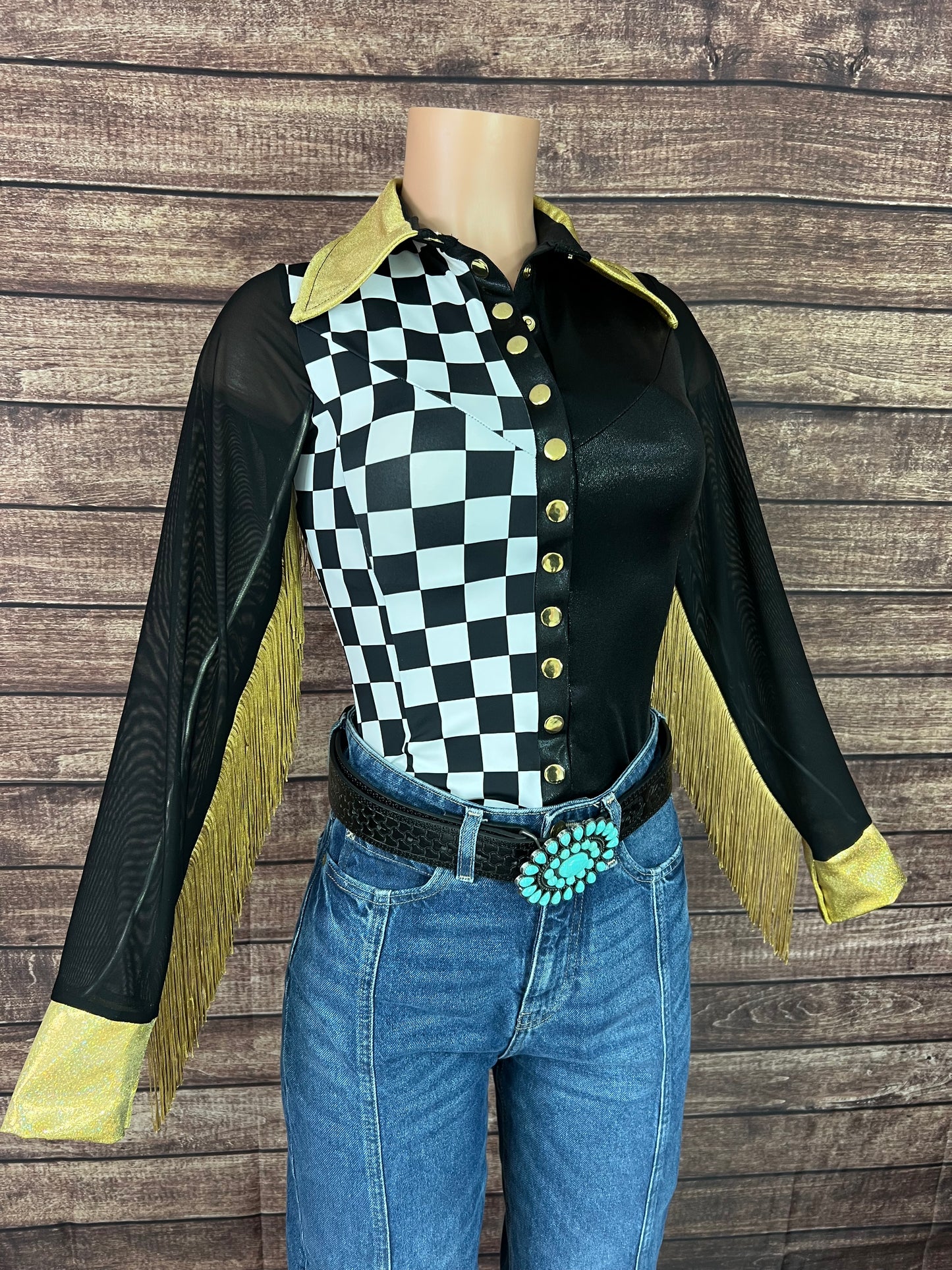 Double Take Zipper Front Rodeo Shirt with Back Yoke Fringe and Mesh Sleeves