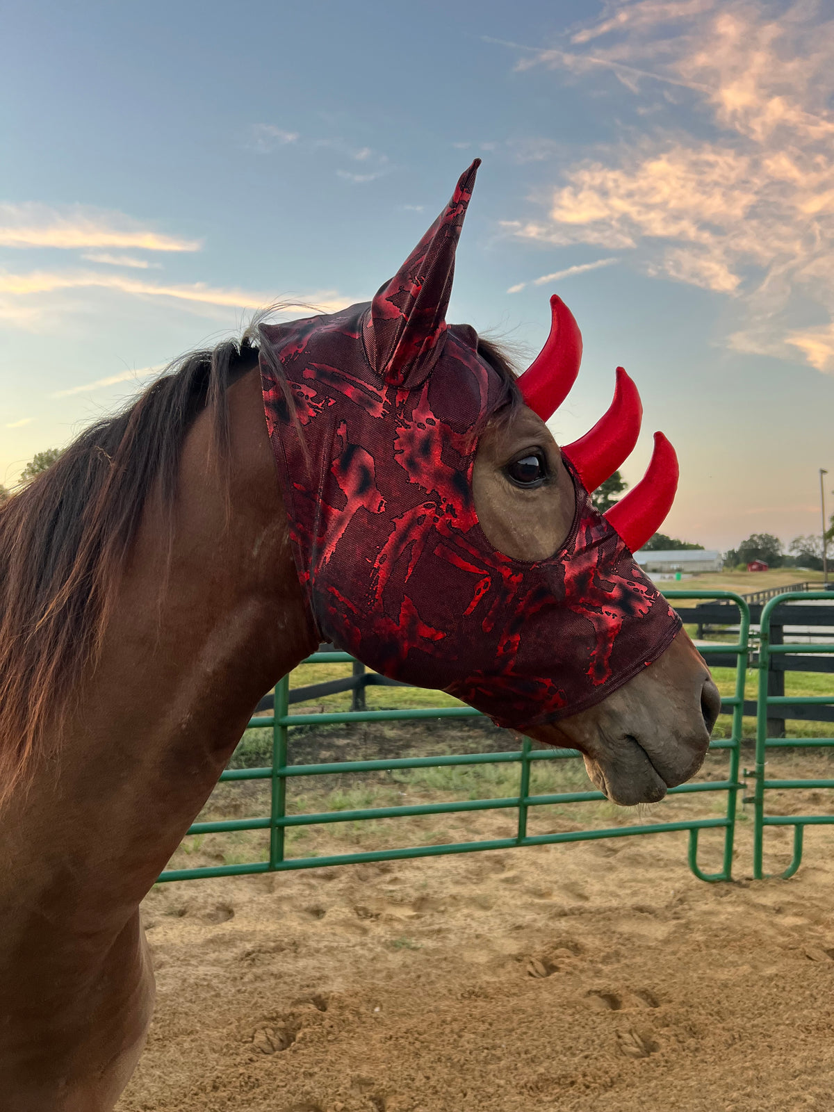 Crimson Red Triple Horn Dragon Costume Mask for Horses