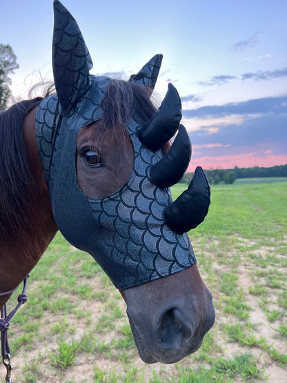Black Dragon Scale Triple Horn Dragon Costume Mask for Horses