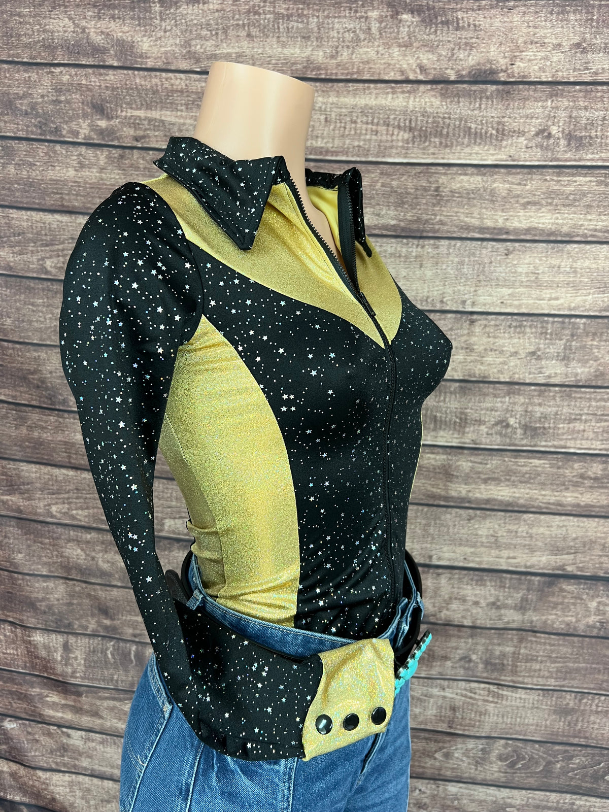 Gold and Black Rodeo Shirt with Zipper Front