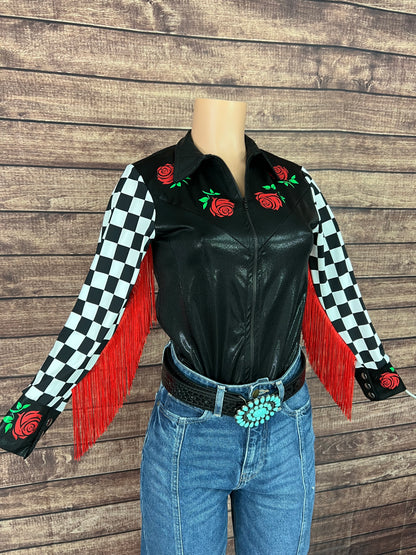 Run for the Roses Zipper Front Rodeo Shirt with Fringe
