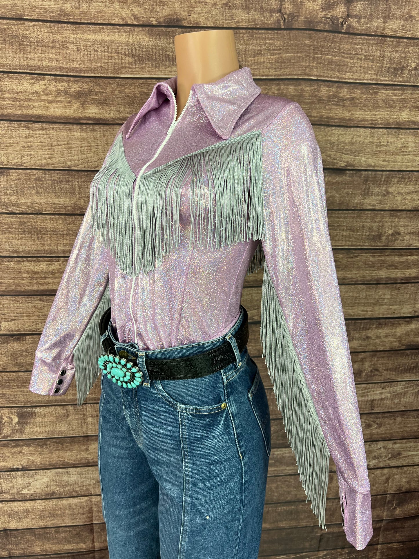 Lilac Sparkle Zipper Front Rodeo Shirt with Silver Fringe on Sleeves AND Yoke