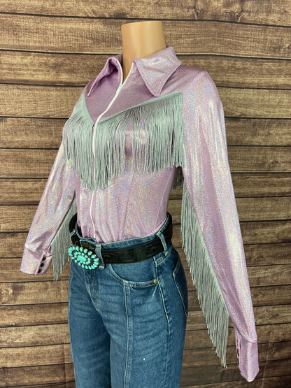 Lilac Sparkle Zipper Front Rodeo Shirt with Silver Fringe on Sleeves AND Yoke