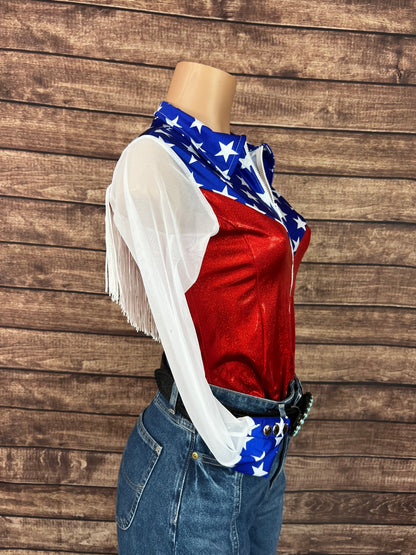 Independence Mesh Sleeve, Zipper Front Rodeo Shirt with Yoke Fringe