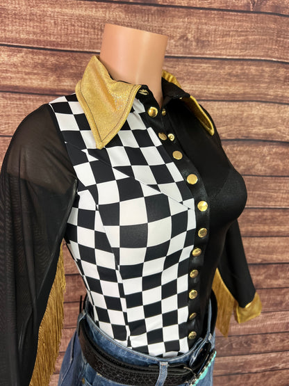 Double Take Zipper Front Rodeo Shirt with Back Yoke Fringe and Mesh Sleeves