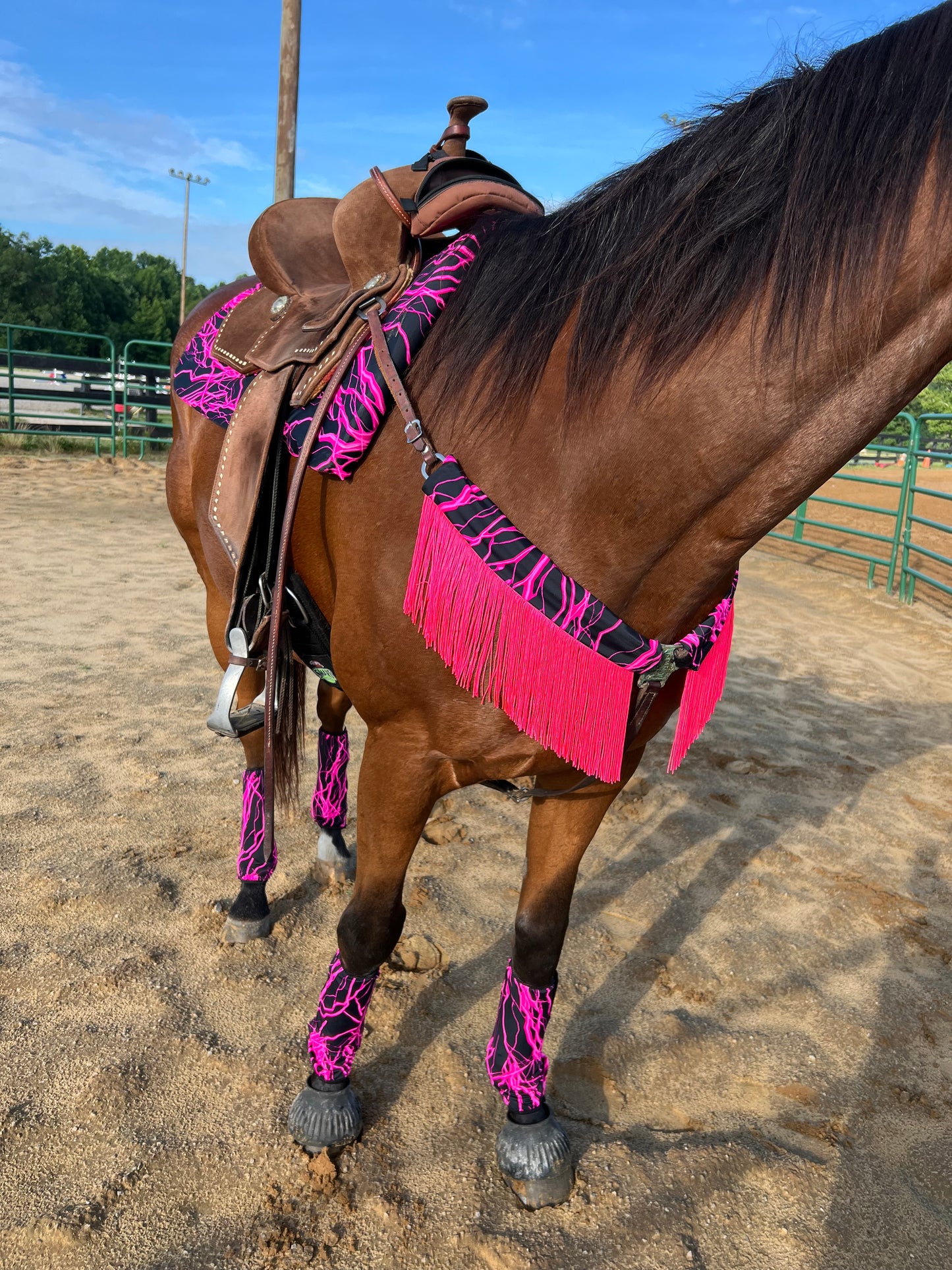 Neon Pink Lightning Breast Collar Cover with Chainette Fringe (Covers ONLY)