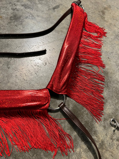 Red Sparkly Jewel Holographic Breast Collar Cover with Red Chainette Fringe (Covers ONLY)