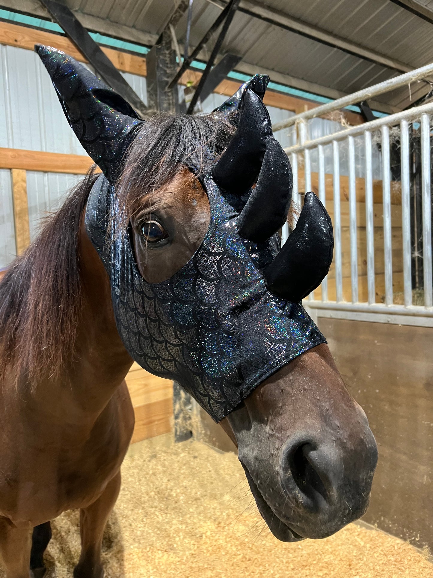 Black Dragon Scale Triple Horn Dragon Costume Mask for Horses