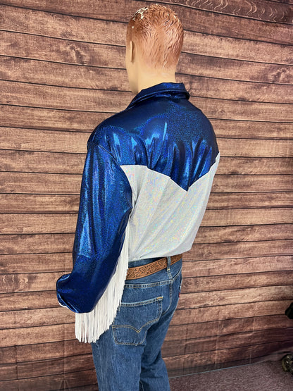 Mens Blue and White Zipper Front Rodeo Shirt with Fringe