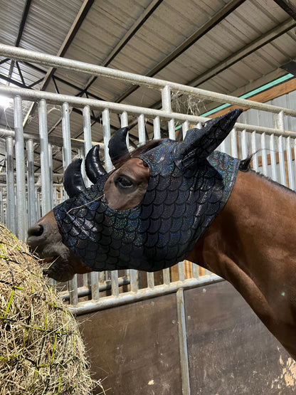 Black Dragon Scale Triple Horn Dragon Costume Mask for Horses
