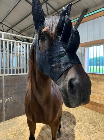 Black Dragon Scale Triple Horn Dragon Costume Mask for Horses