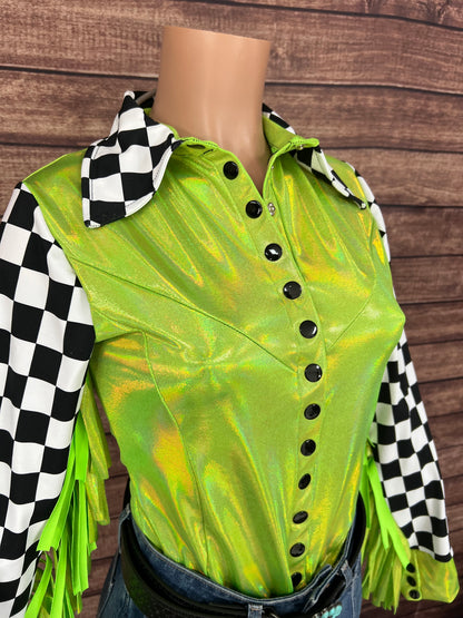 Neon Lime Checks Snap Front Rodeo Shirt with 6" Thunderbird Fringe