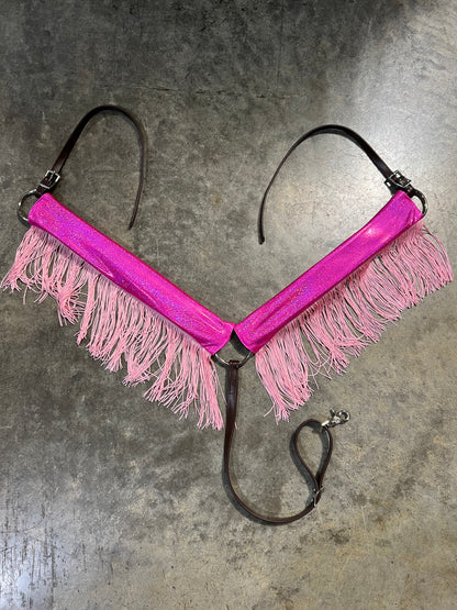 Neon Pink Sparkly Jewel Holographic Breast Collar Cover with Baby Pink Chainette Fringe (Covers ONLY)