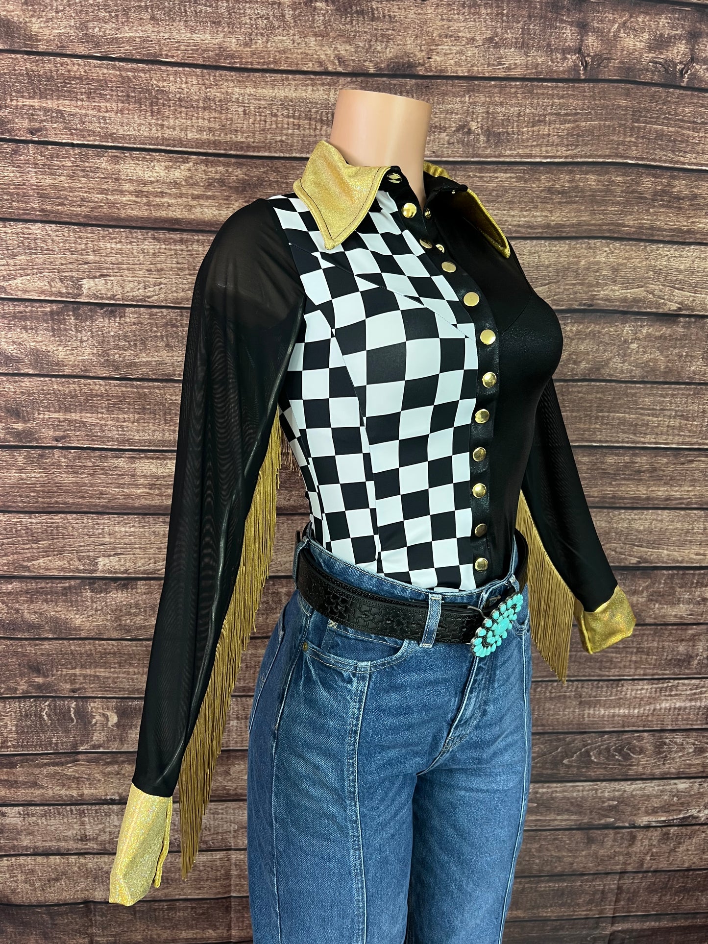 Double Take Zipper Front Rodeo Shirt with Back Yoke Fringe and Mesh Sleeves