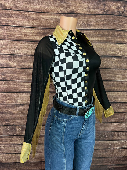 Double Take Zipper Front Rodeo Shirt with Back Yoke Fringe and Mesh Sleeves