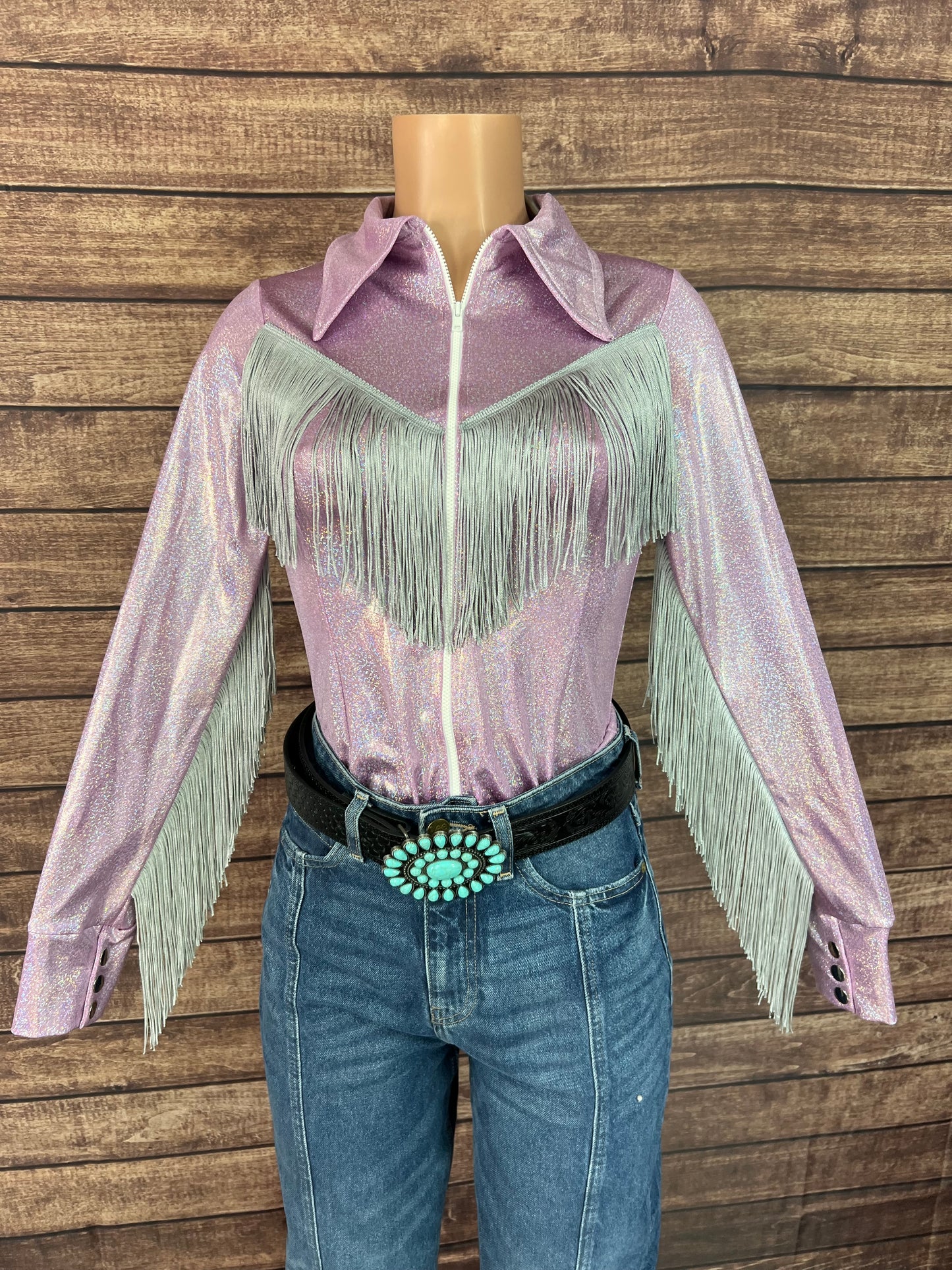Lilac Sparkle Zipper Front Rodeo Shirt with Silver Fringe on Sleeves AND Yoke