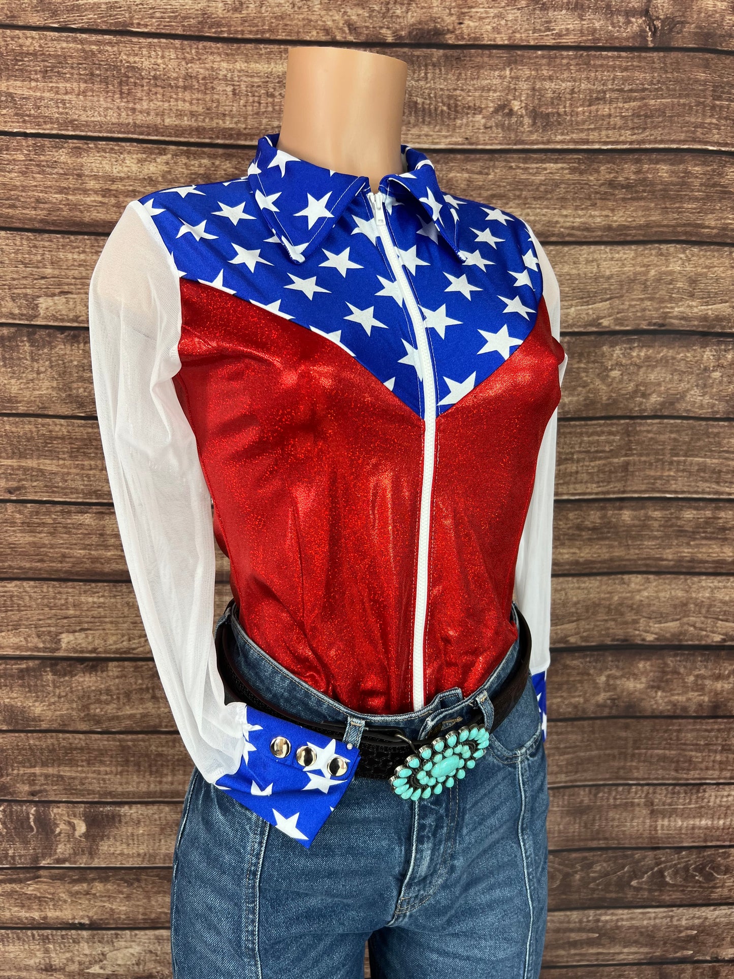 Independence Mesh Sleeve, Zipper Front Rodeo Shirt with Yoke Fringe