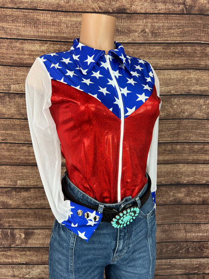 Independence Mesh Sleeve, Zipper Front Rodeo Shirt with Yoke Fringe
