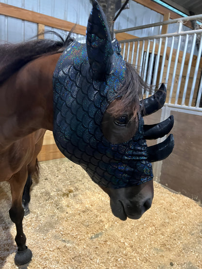 Black Dragon Scale Triple Horn Dragon Costume Mask for Horses