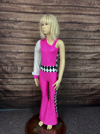 Kids Neon Pink and Diamond One Sleeve Trick Rider Jumpsuit