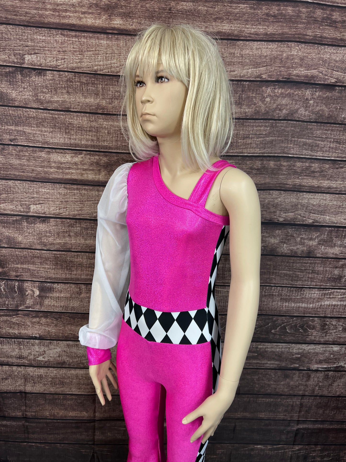 Kids Neon Pink and Diamond One Sleeve Trick Rider Jumpsuit