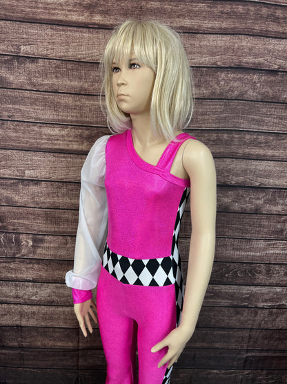 Kids Neon Pink and Diamond One Sleeve Trick Rider Jumpsuit