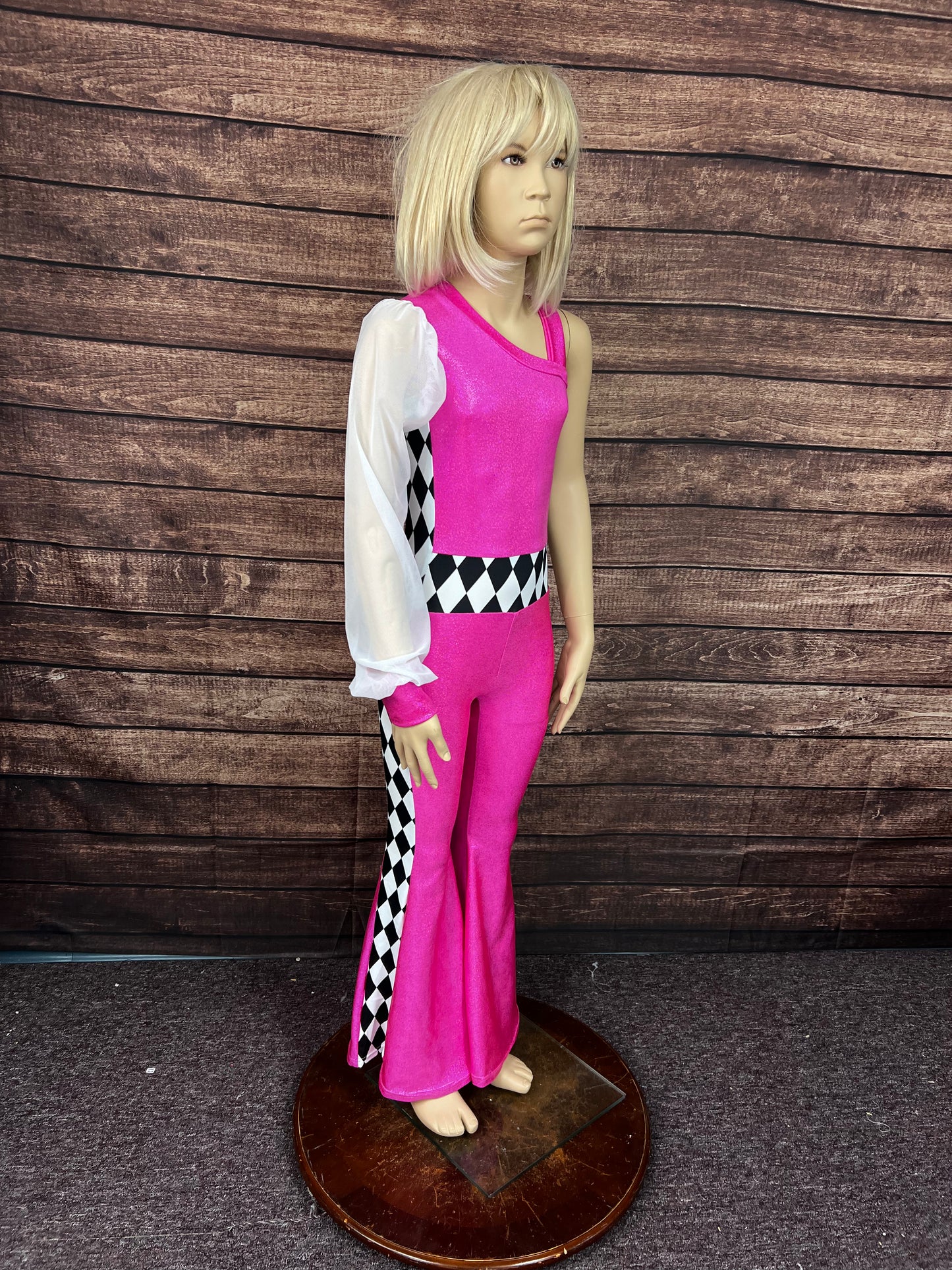 Kids Neon Pink and Diamond One Sleeve Trick Rider Jumpsuit