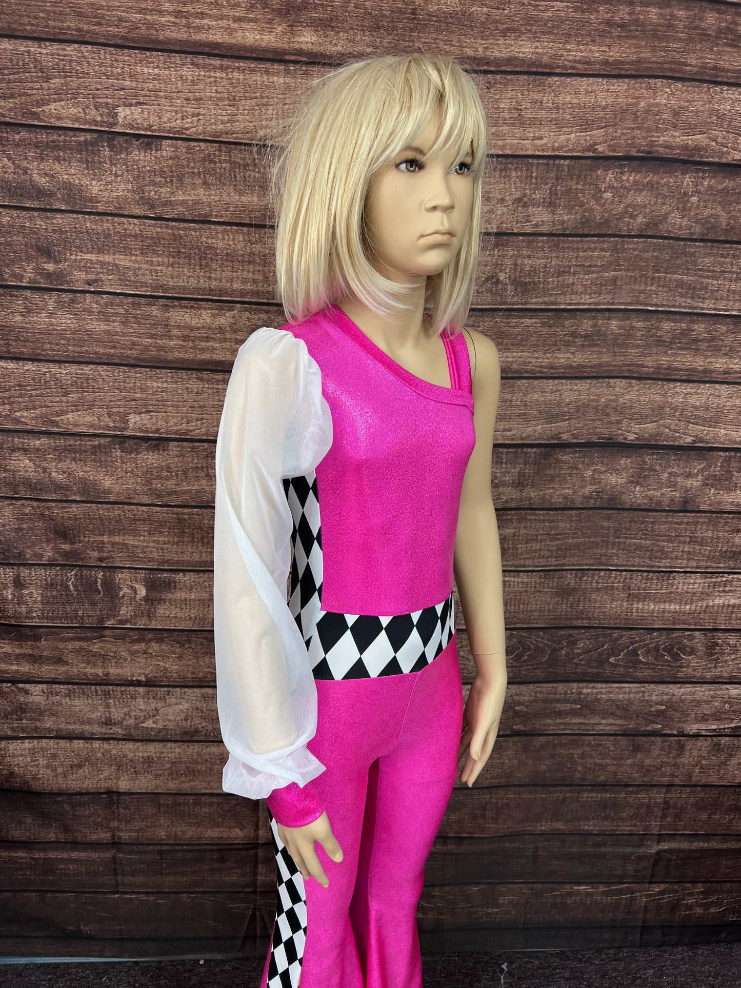 Kids Neon Pink and Diamond One Sleeve Trick Rider Jumpsuit