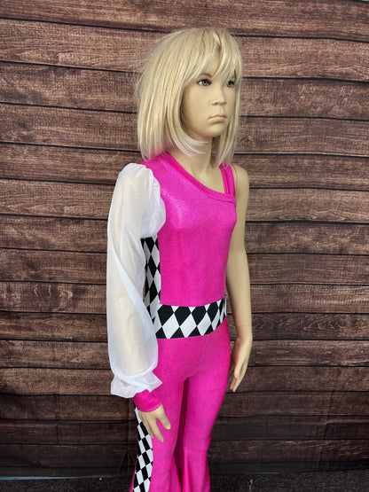Kids Neon Pink and Diamond One Sleeve Trick Rider Jumpsuit