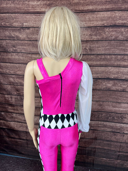 Kids Neon Pink and Diamond One Sleeve Trick Rider Jumpsuit